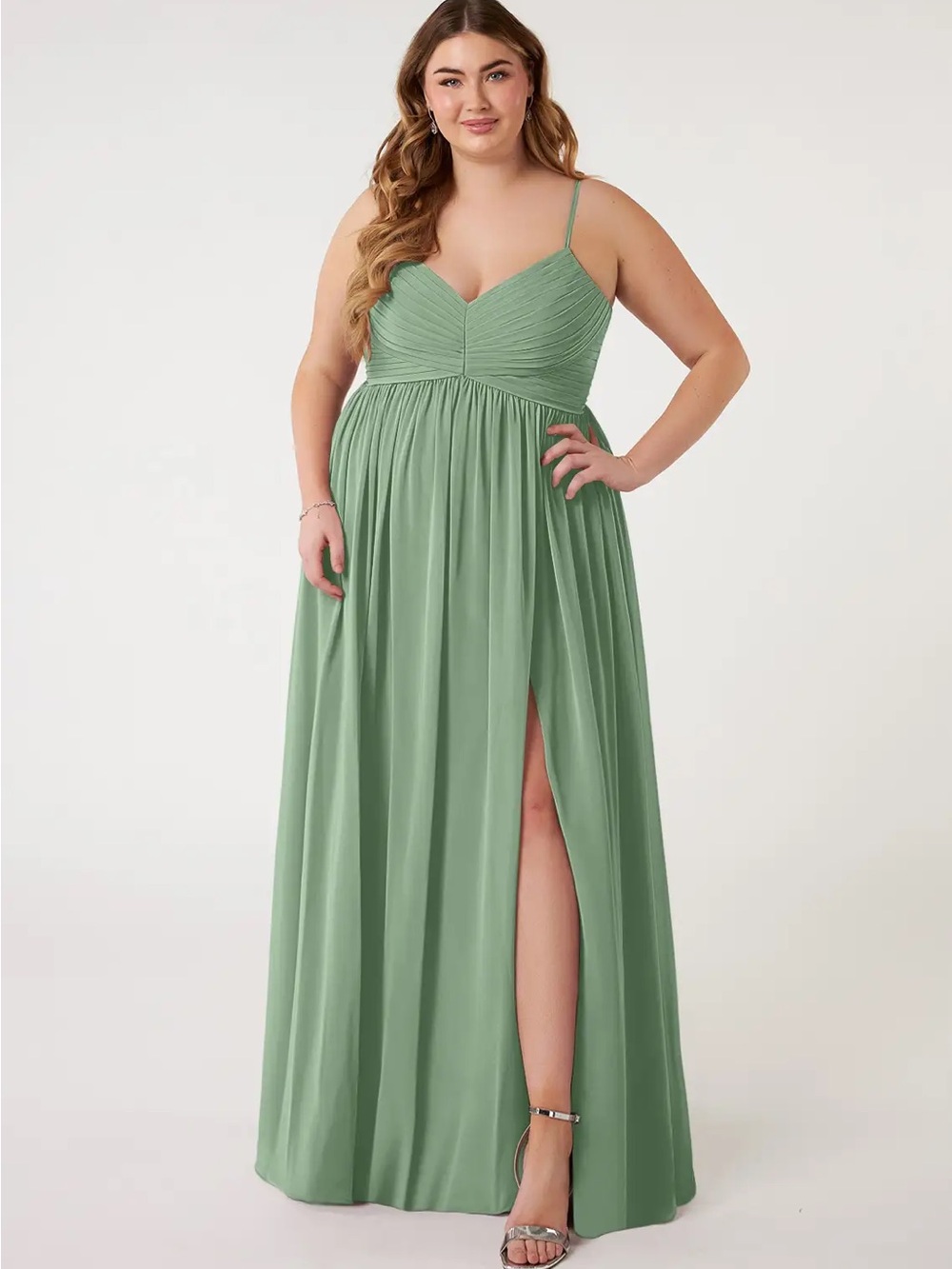Azazie Matcha Green Spaghetti Strap Maxi Dress